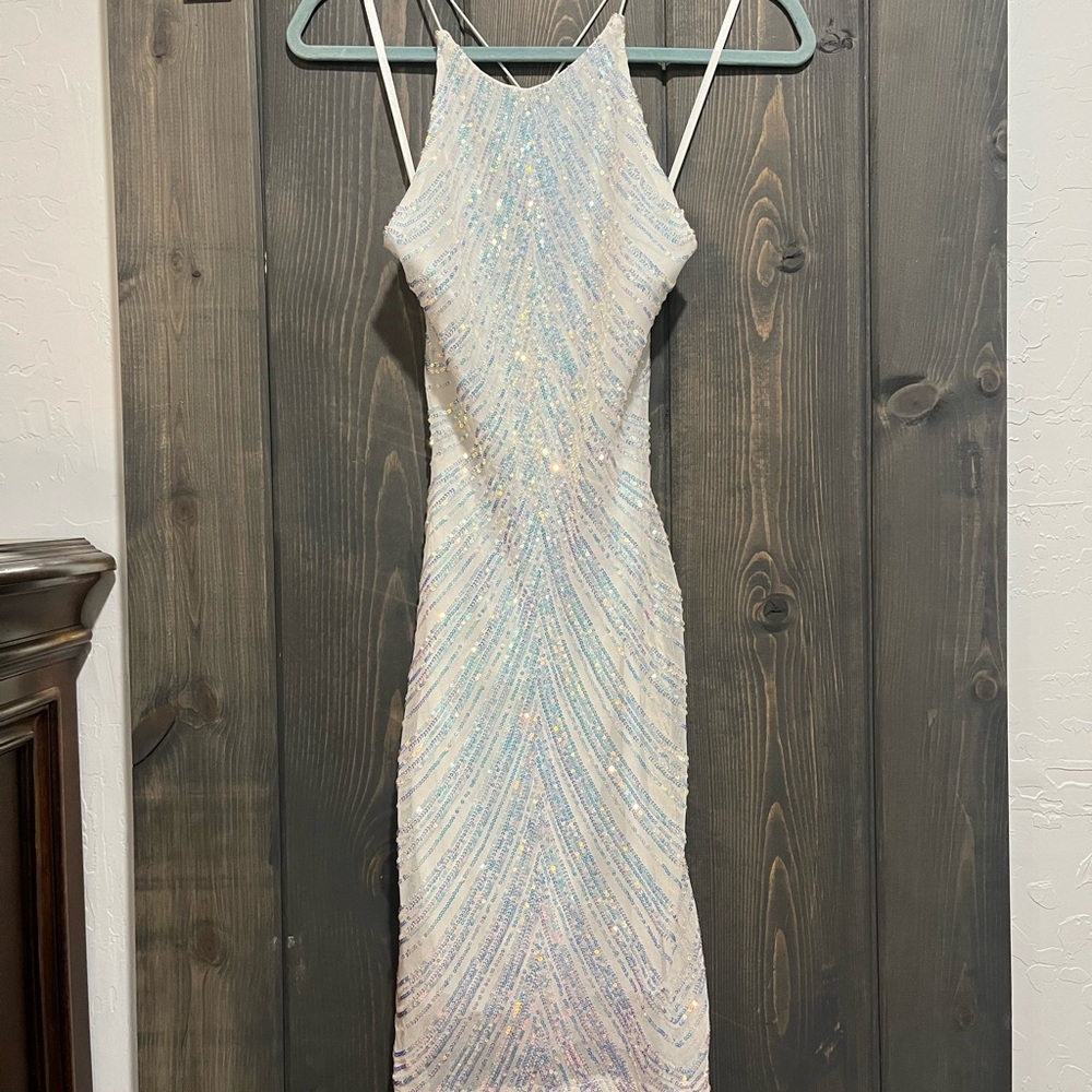 B Darlin White Cream Sequin Backless Midi Dress